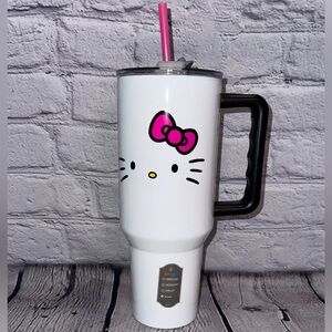 Hello Kitty 40oz Steel White Tumbler Cup Black Handle Flip Top Lid New